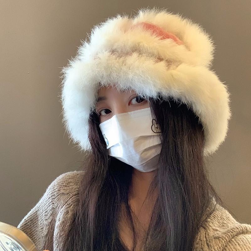 Fashion Rabbit Fur Patchwork Knit Bucket Hat Women Warm Fall Winter Large Head Size Face Slimming