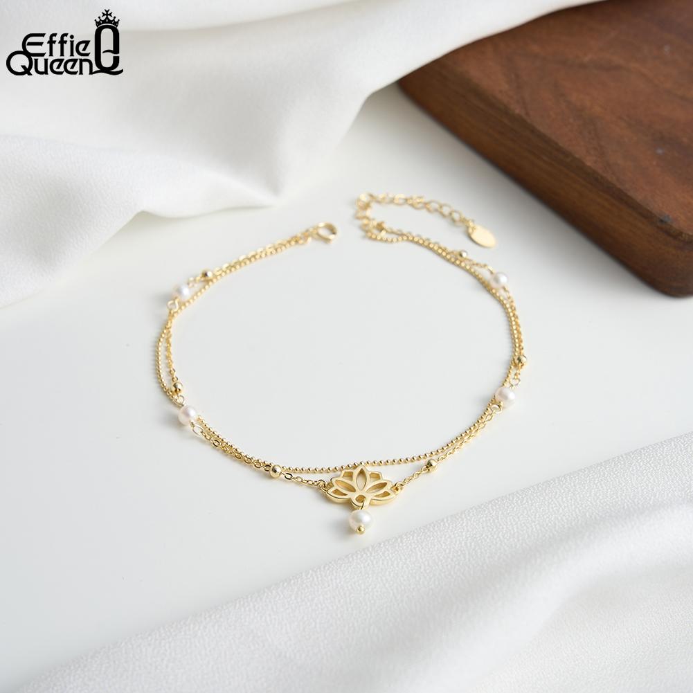 Effie Queen 925 Sterling Silver Flower Charm Anklet Chain Simple Ocean Freshwater Pearls Foot Link Summer Beach Jewelry SA100