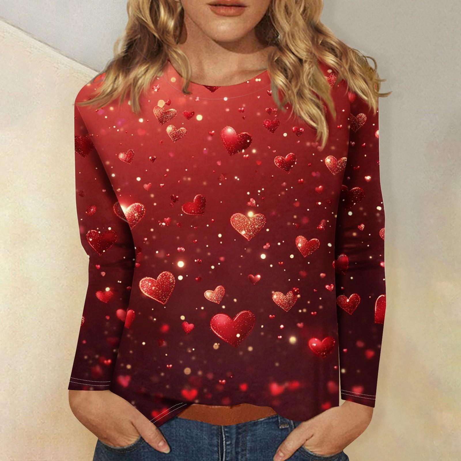 

Женская мода повседневная с длинным рукавом и принтом ко Дню святого Валентина с круглым вырезом XL арбуз красный