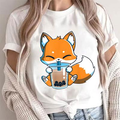 Boba Fox Trinkdruck Bluse Damen Kleidung Mode Kawaii Cartoon Fox Grafik T-Shirts Anime Harajuku Tops Kurzarm T-Shirts