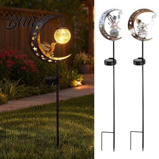 Outdoor Hummingbird Decor Moon Solar Light Metal Crescent with Crackle Glass Ball Garden Landscape Lighting Stake Pathway Light for Yard Patio Lawn