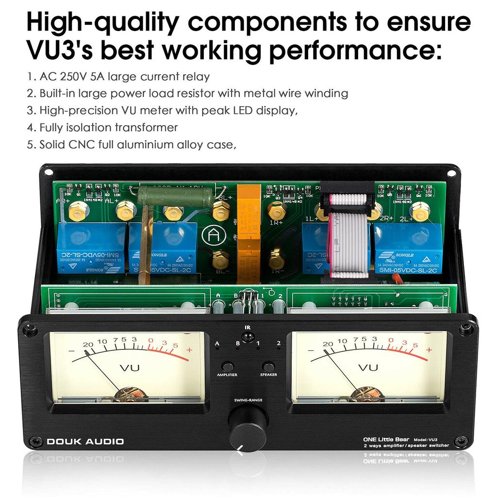 Douk Audio VU3 Dual Analog VU DB Panel Display Audio Switcher Box Meter, 2-Way Amp/Speaker Switch,