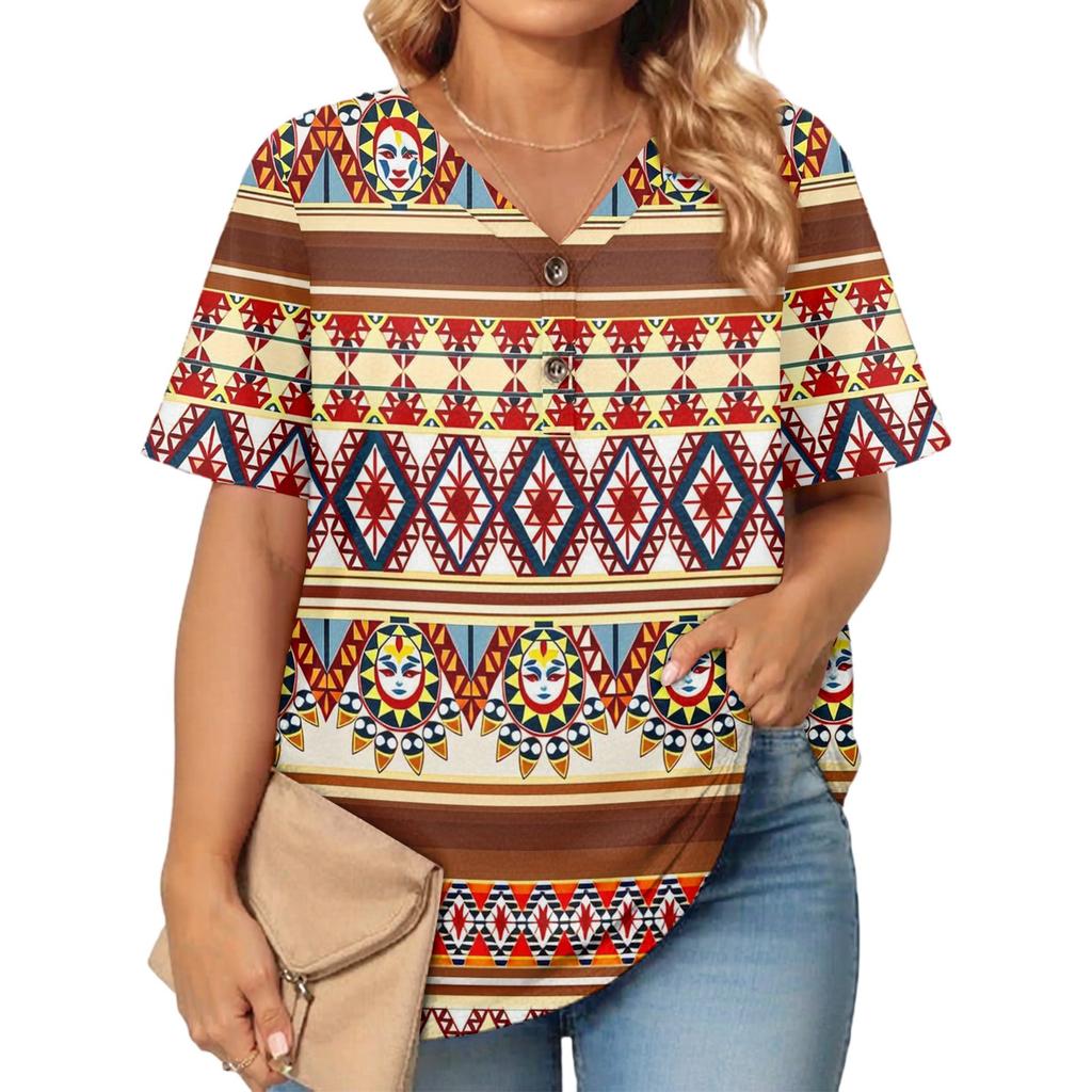 Women's Fashion Casual Printed V-Neck Short Sleeve Large Size T-Shirt Top