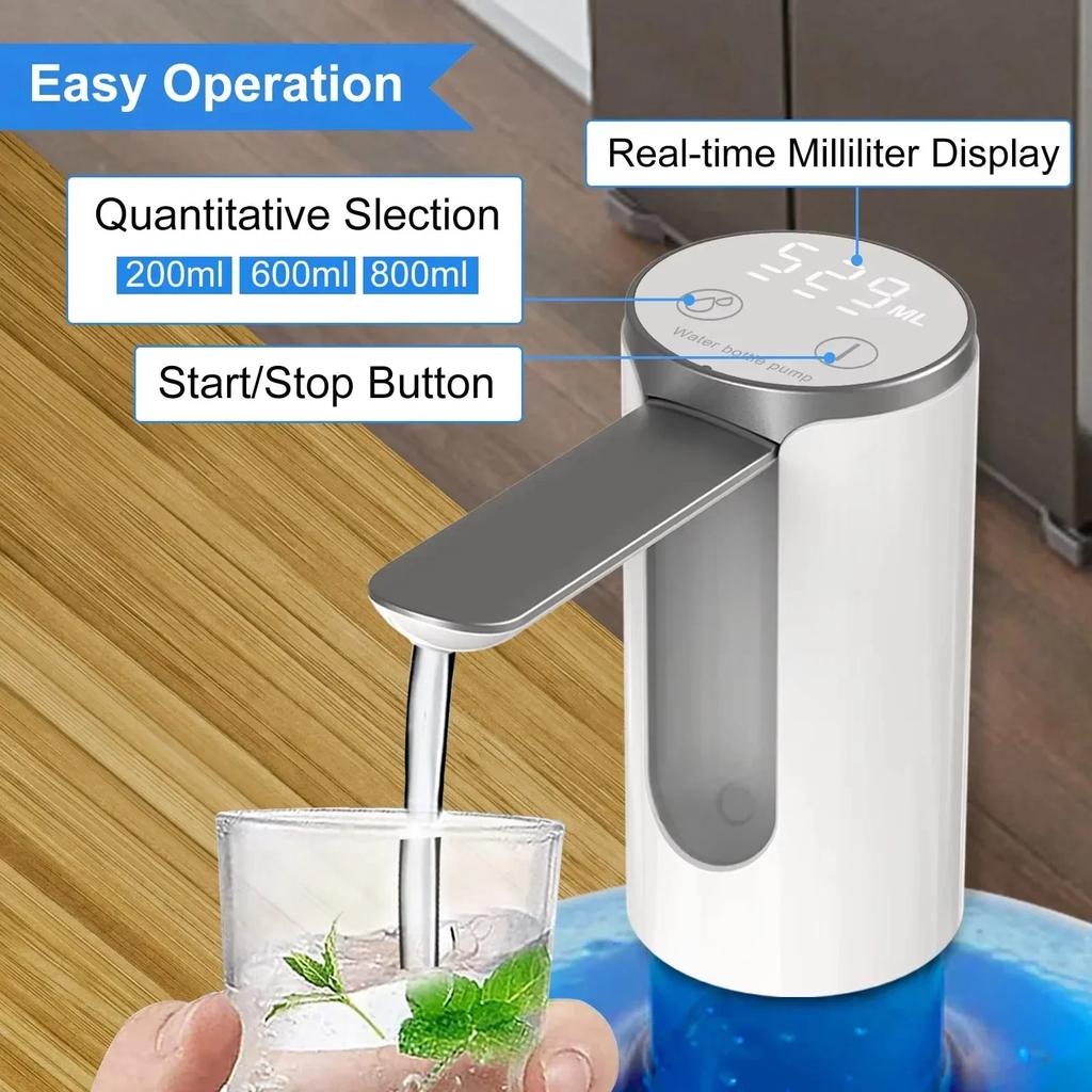 Wireless Electric Water Pump USB Rechargeable Silent - One-Touch Automatic Dispenser Food Grade Leak-Proof for 2-5 Gallon Buc