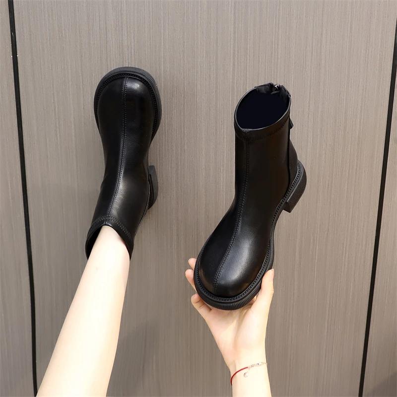 Fashion Round Toe Mid Heel Short Boots for Women Shoes Autumn/winter with/Without Plush Rear Zipper Soft Sole Slim Boot Zapatos Mujer