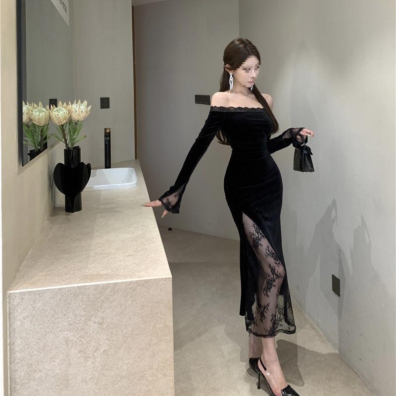 French Niche High-end Sense Sexy One-word Shoulder Lace Splicing Pure Desire Spice Girl Royal Sister Style Slim-fitting Hip-wrapped Dress