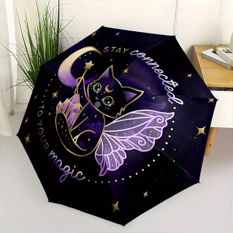 

1pc Stay Connected To Your Magic Crystal Cat Design Durable Cartoon Folding Umbrella, Portable 3-Fold Compact Umbrella for Men and Women, Suitabl