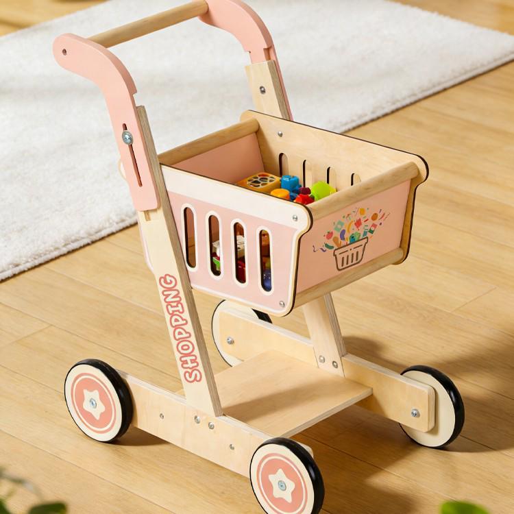 Colorful Kids Supermarket Shopping Cart Role Play Wooden Toy Pink Shopping Cart
