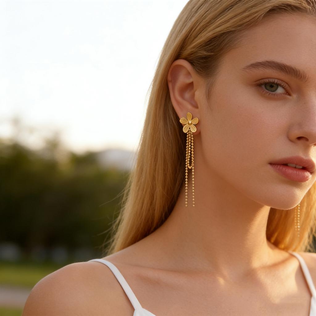 Exquisite Stainless Steel Flower Long Tassel Drop Earrings for Women Gold Plated Trendy Hypoallergenic Piercing Jewelry Gifts
