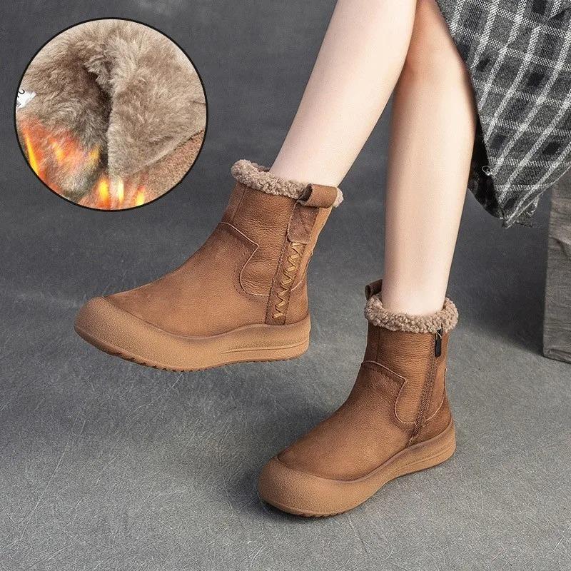 Johnature Plush Warm Retro Genuine Leather Thick Bottom Short Boots Versatile Soft Soled Women's Shoes
