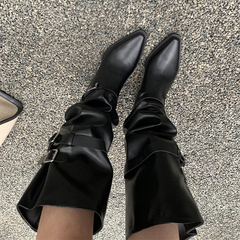 Autumn Vintage Thick Heel Women Knight Boots Fashion Belt Buckle Shoes Ladies Elegant Pointed Toe Mordern Knee High Booties
