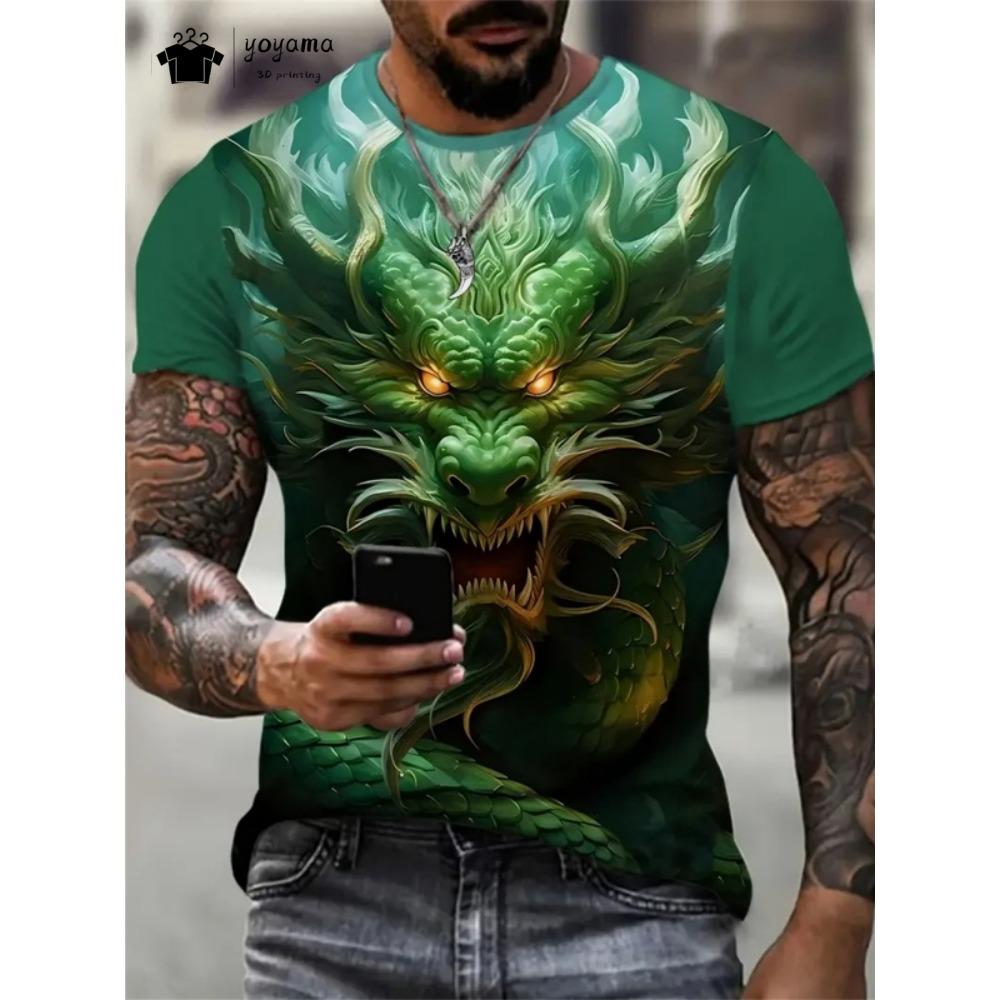 Summer 3D dragon pattern men's T-shirt, street fashion men's top, trendy oversized men's clothing, casual men's short sleeved T-shirt