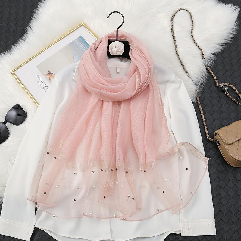 Fashion Luxury Silk Scarf For Women Shawls With Beads Long Scarf For Women Female Foluard Stoles Bandana Head Wraps Headscarf