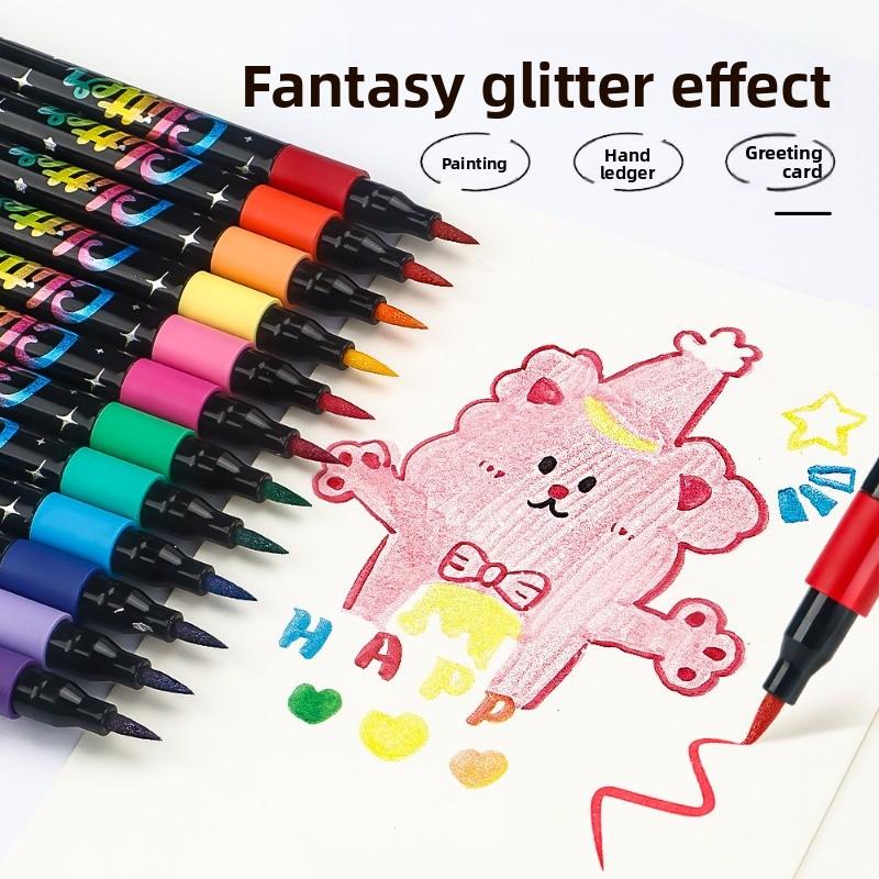 48 Renkli Simli Keçeli Kalemler - Simli Uçlu Neon Parlak Floresan Simli Kalemler, Yağ Bazlı Mürekkep, Orta Uç