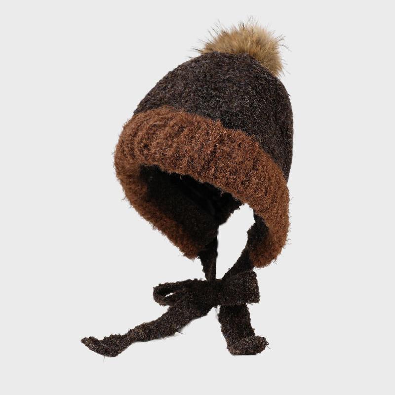

Winter Color-Matching Flanging Lace-Up Knitted Hat Women s Outdoor Double-Layer Warm Wool Hat кофейный
