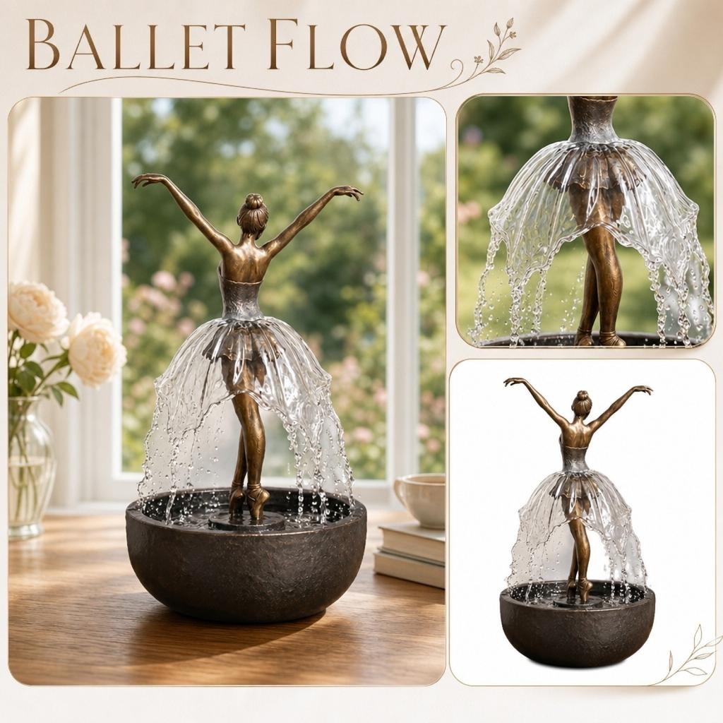 Ballet Dancer Tabletop Fountain Sculpture Indoor Water Feature with Flowing Water Streams and Round Base for Home Office Decoration
