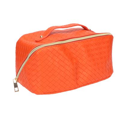 Makeup Travel Bag PU Leather Large Capacity Checkered Multifunction Waterproof Cosmetic Bag Orange
