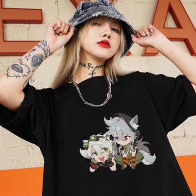 Bennett und Razor Genshin Impact Übergroßes T-Shirt Kurzarm Cartoon-Druck Sommer Tops 100% Baumwolle Neuankömmling Damen T-Shirts Locker