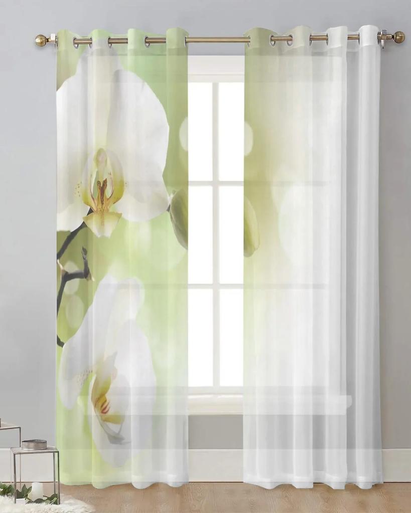 White Phalaenopsis Flower Sheer Curtains for Living Room Decoration Tulle Voile Organza Window Curtains for Kitchen Bedroom