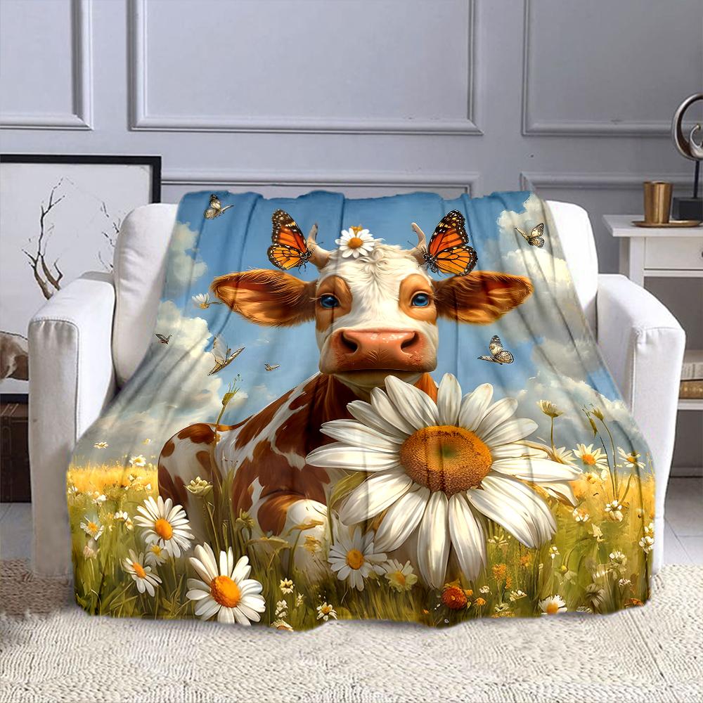 Cow with Butterflies and Daisies Patterned Flannel Blanket Perfect for the Bedroom Living Room, Sofa, or a Little Nap