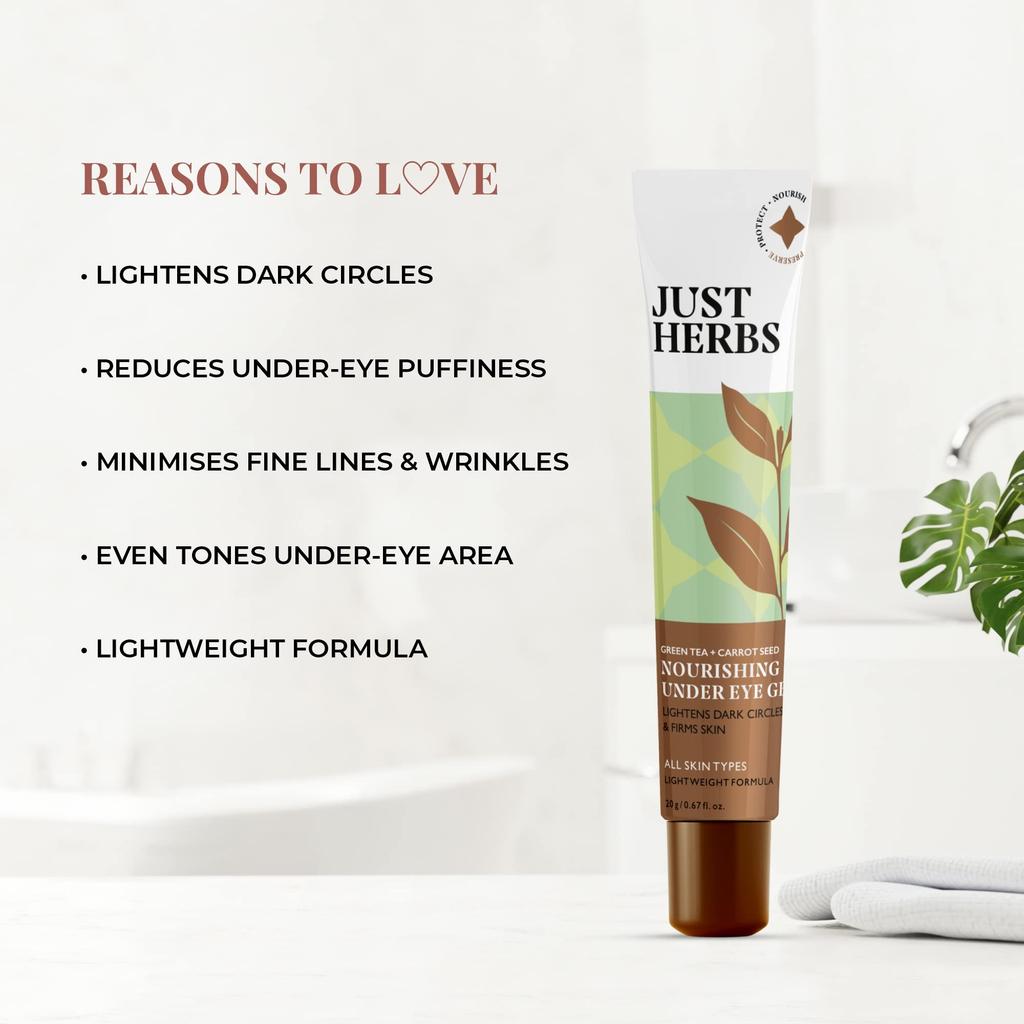 Just Herbs Nourishing Under Eye Gel Cream for Dark Circles, Eye Puffiness, Fine Lines & Wrinkles with Green Tea & Carrot Seed -For Men & Women 20 Gm