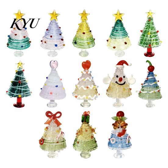 Miniature Xmas Tree Figurine Glazed Christmas Figurine, Colorful Decor, Handcrafted Glass Craft for Display Table Centerpiece Home Office Holiday