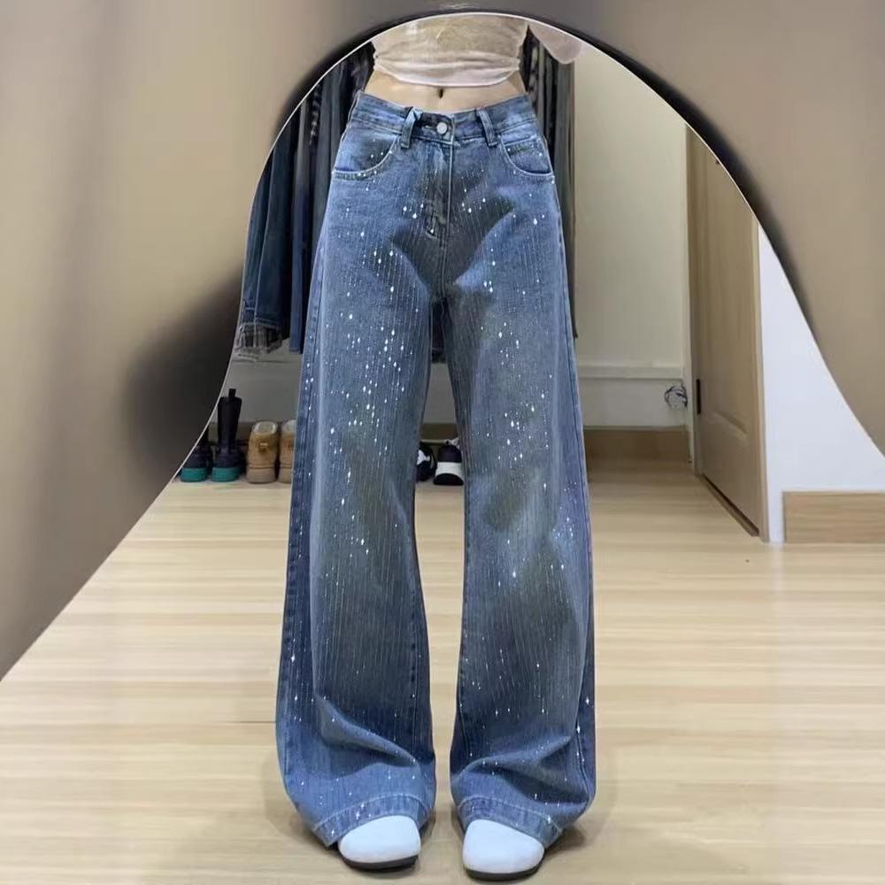 Women s High-Waist Starry Denim Pants - Slim, Loose, Versatile Design for Spring & Autumn Medium синий
