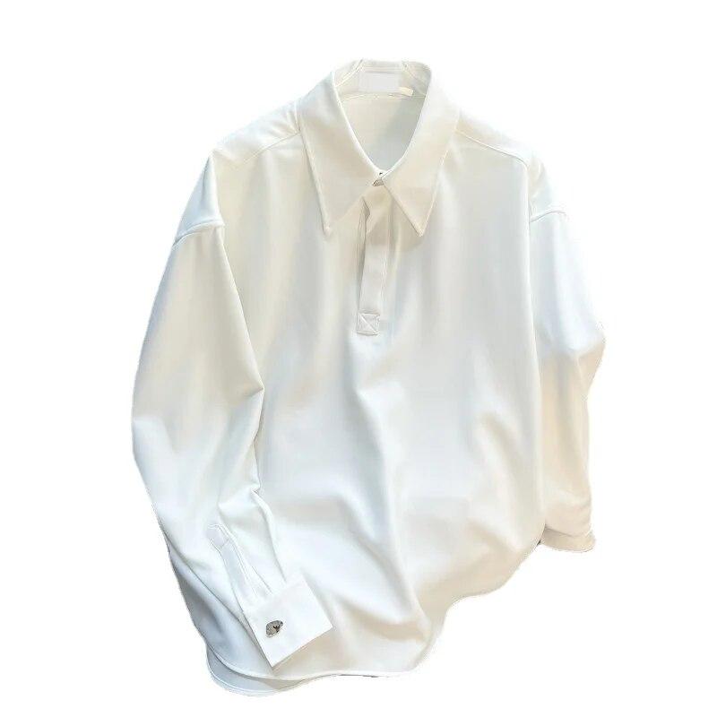 Preppy Stil Erkek Gömlek Sonbahar Kış Bol Yaka Erkek Kazak Bol Çok Yönlü Düz Renk Uzun Kollu Bluz