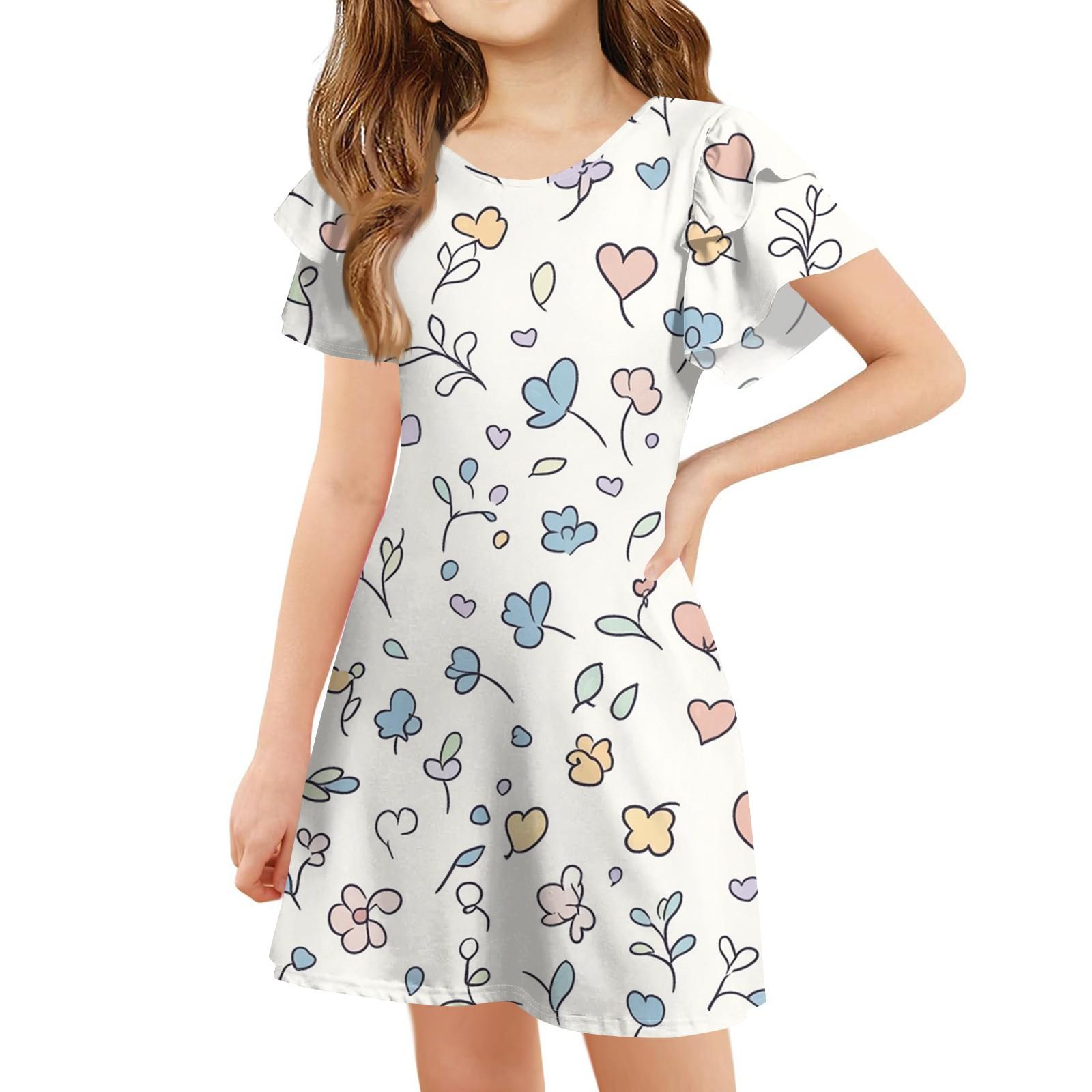 

Children s Ruffled Sleeve Dress, Girls Summer Round-neck A-line Cute Printed Casual Dress 160