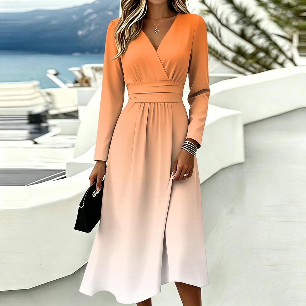 Women's Gradient Print Long Sleeve V-Neck Dress with Pockets Casual Fashionable