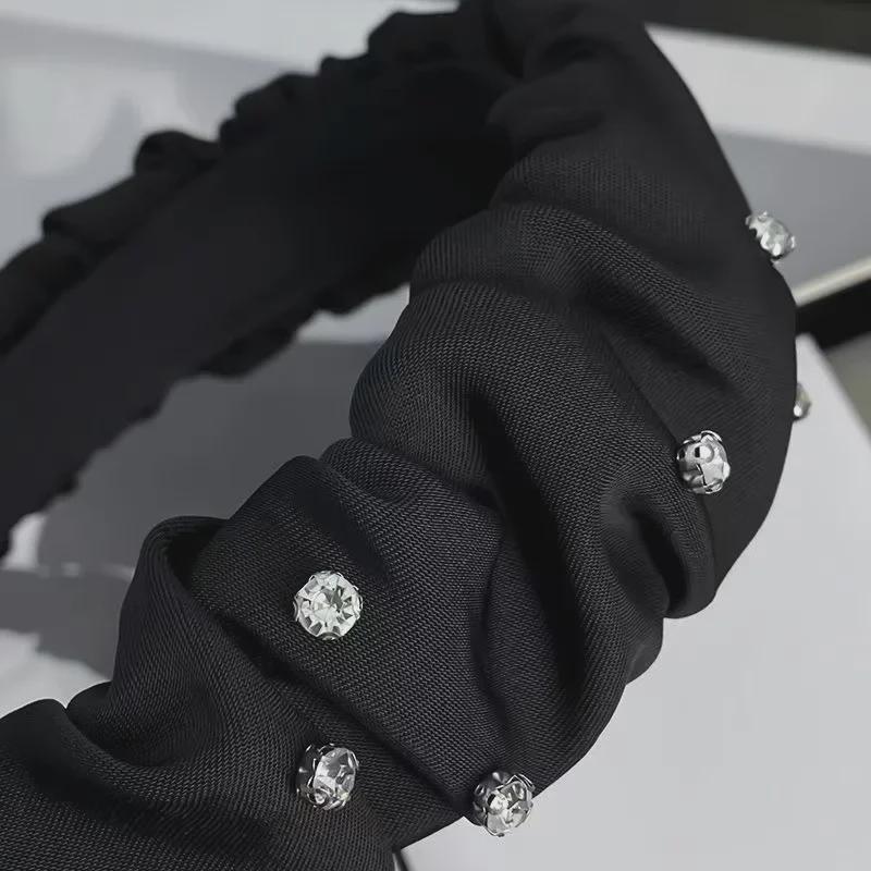 Korean Black Diamond Pleated Satin Headband: Non-Slip Wide-Brim Hair Accessory