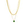 Gold Plated Double Layer Necklace with Herringbone Chain  Green Zircon Pendant, Vintage Emerald Charm Chain for Women