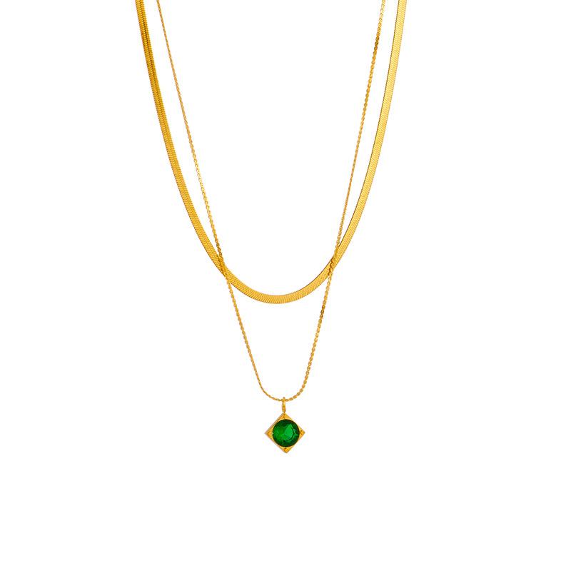 Gold Plated Double Layer Necklace with Herringbone Chain  Green Zircon Pendant, Vintage Emerald Charm Chain for Women
