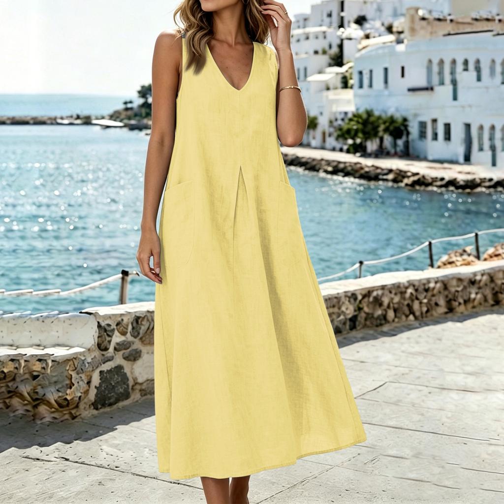 Sleeveless V Neck Midi Dress with Pockets Loose Fit Casual A Line Dress for Women Lightweight Summer Sundress