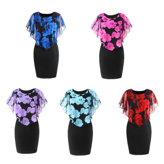 Vestido ajustado de talla grande para mujer, con estampado floral, chal, cómodo, largo hasta la rodilla, temperamento, vestido de medio cuerpo para salir