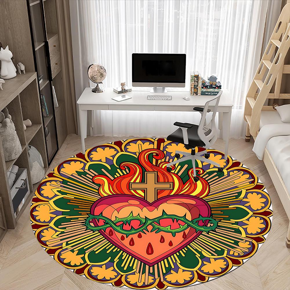 1pc Sacred Heart Carpet, Round Non Slip Durable Large Size Office Carpet, Suitable for Office