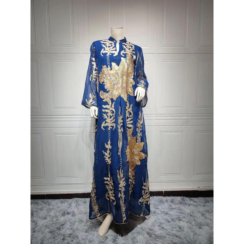 

New Ethnic Style Golden Sequin Embroidered Yarn Dress Blue L