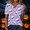 Women's Casual Halloween Print V-Neck Short Sleeve Button T-Shirt Top