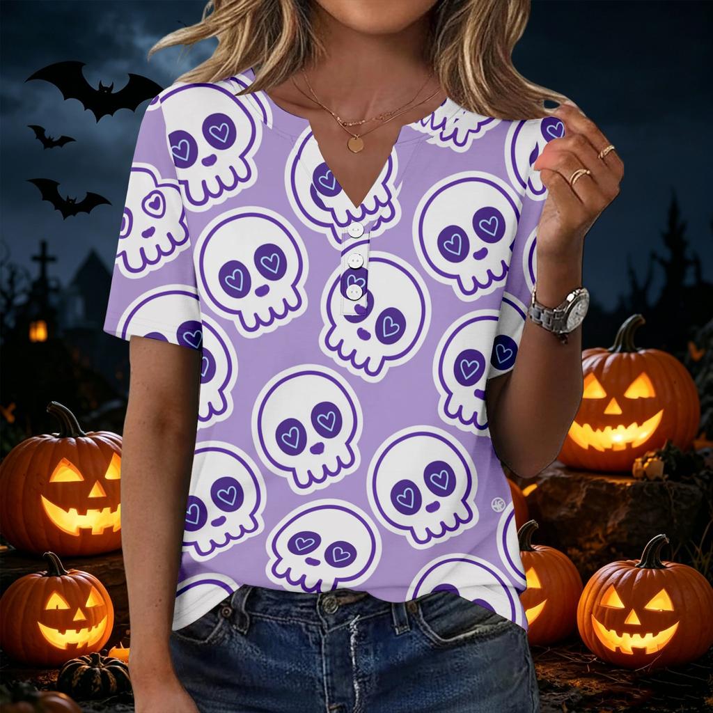Women's Casual Halloween Print V-Neck Short Sleeve Button T-Shirt Top