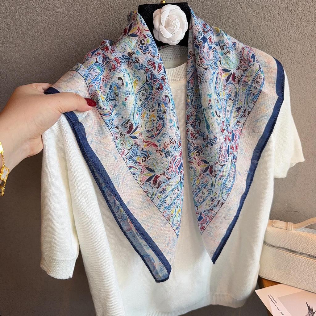 70cm Fashionable Versatile Paisley Silk Cotton Square Scarf for Women - High-End Feel, Perfect for Travel Photography and Neck Protection