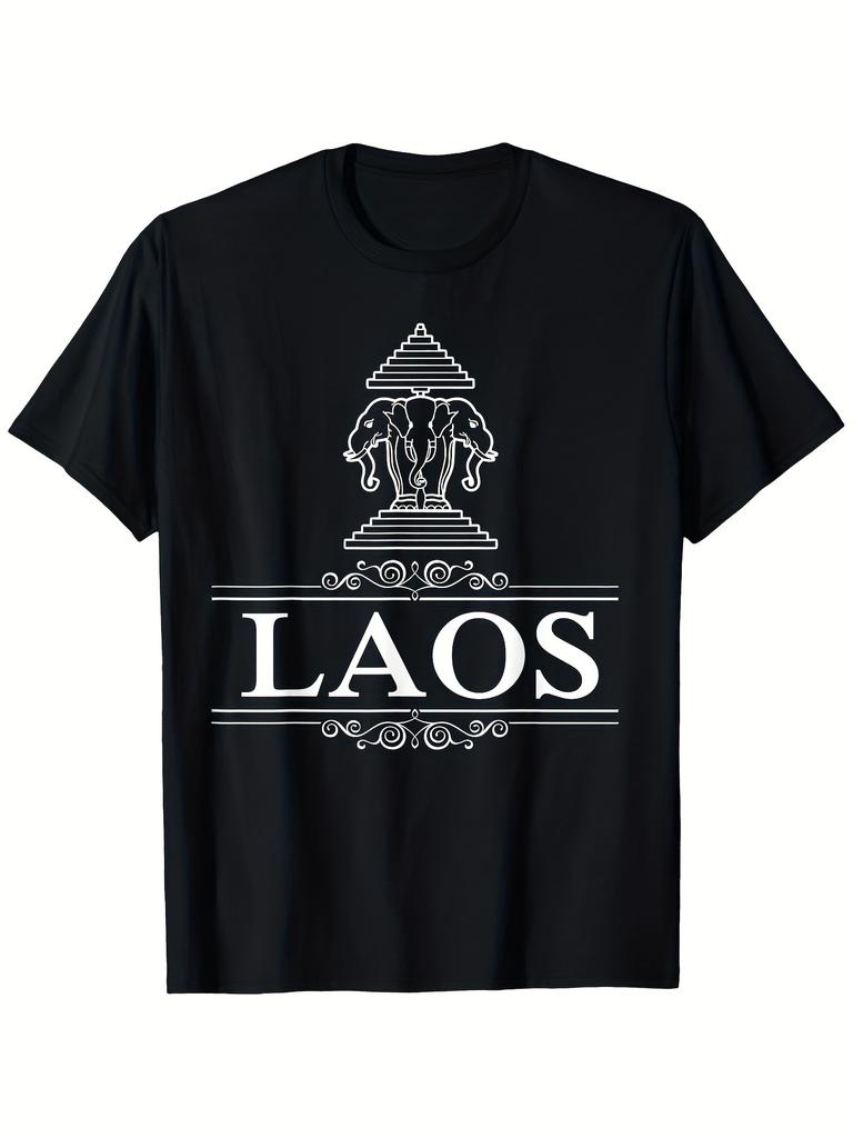 Men's Laos Elephant Print T-Shirt - Soft Round Neck Casual Tee Suitable for Animal Lovers, Comfortab