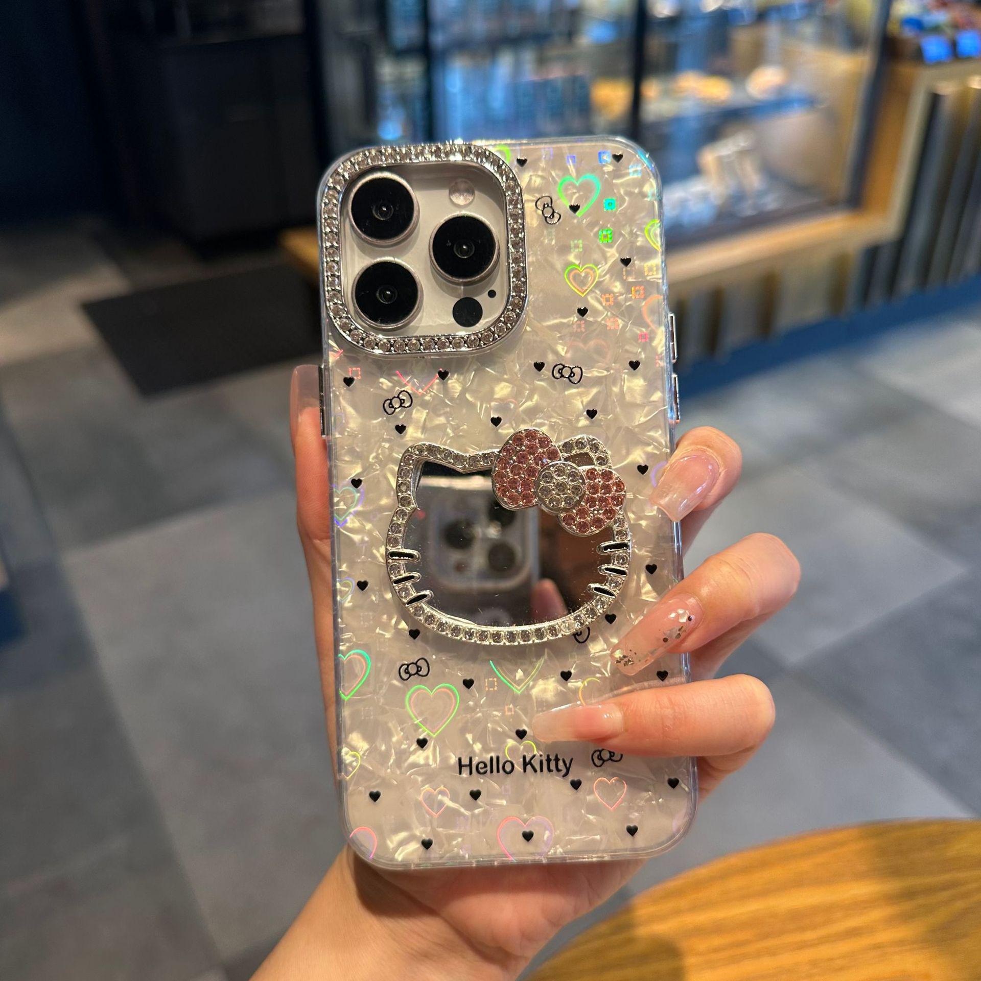 Luxury Shell Pattern Cat Mirror iPhone 17 Pro Max Case with Rhinestone Frame iPhone 14 Pro Max