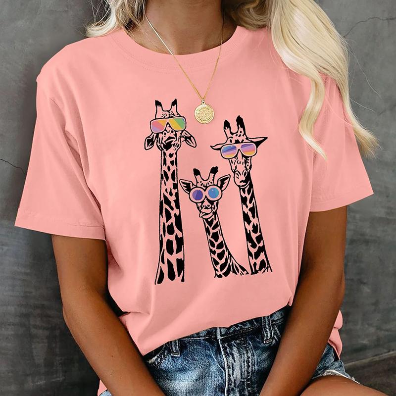 

Женская летняя футболка с принтом жирафа в стиле ретро, с коротким рукавом, повседневная, с принтом 8XL розовый