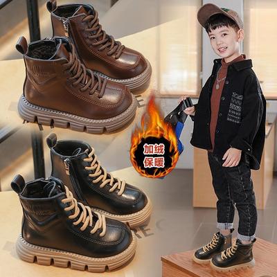 Boys Martin Boots 2025 New Winter Girls Velvet Cotton Boots Medium and Older Children's Short Boots Children's British Leather Boots Tide