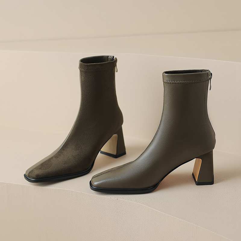 Krazing Pot Microfiber Flock Winter Square Toe Thick High Heels Slip on Stretch Boots Stovepipe Women Ankle Boots