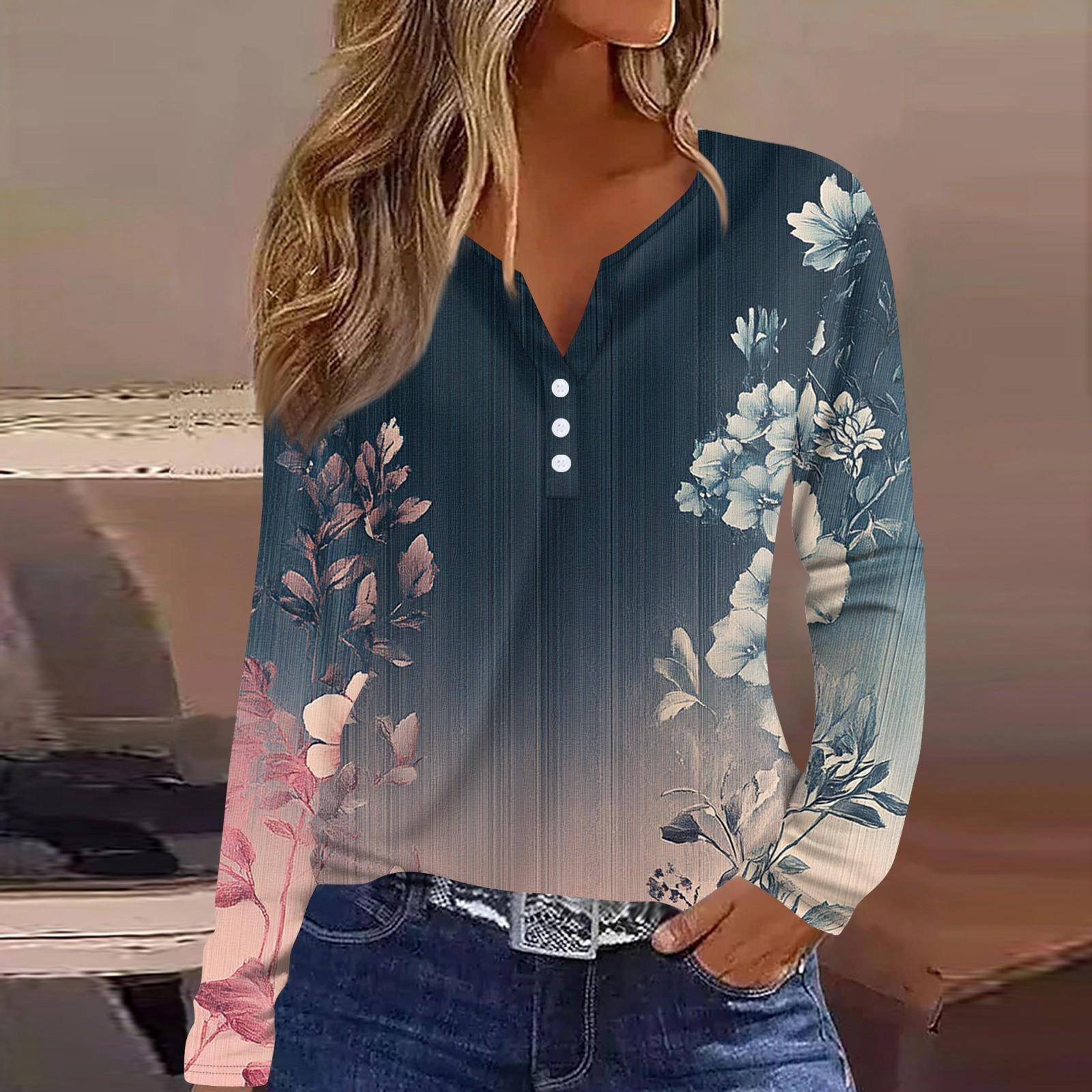 

Жен. Футболка Футболка С принтом Пуговицы Длинный рукав Повседневные Выходные Мода Классический V-образный вырез Обычный Верх XXXL