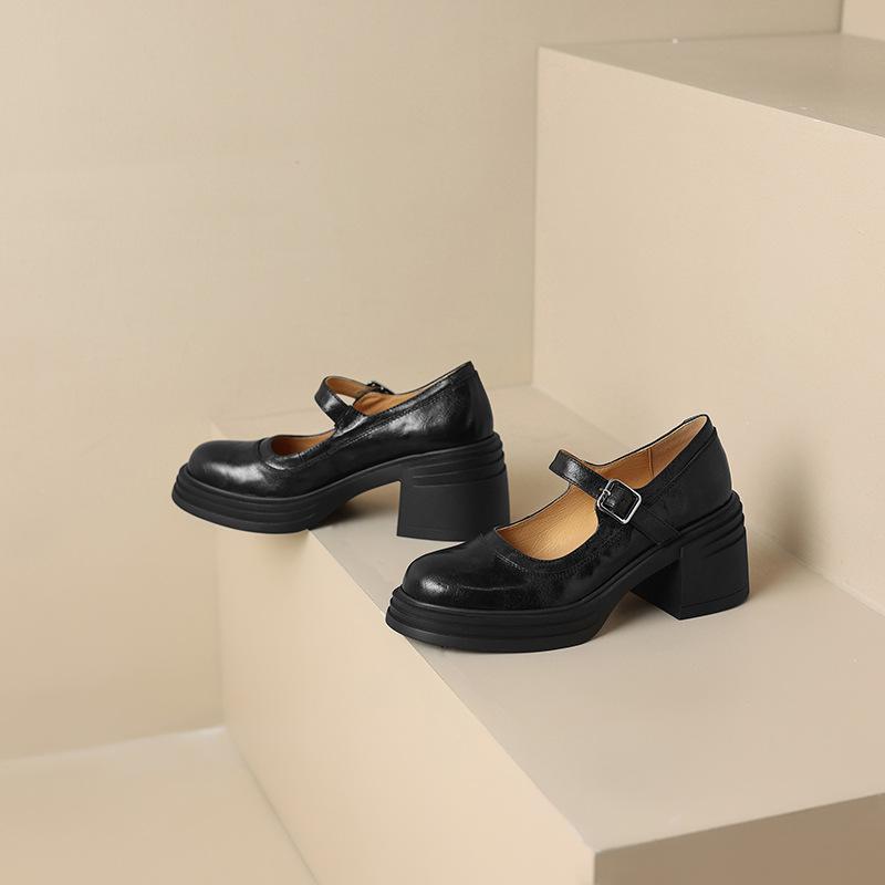 

6.5CM ретро круглый носок светлое устье мягкая кожа толстая подошва высокий каблук туфли Мэри Джейн женские толстый каблук черные с ремешком одинарные туфли 40