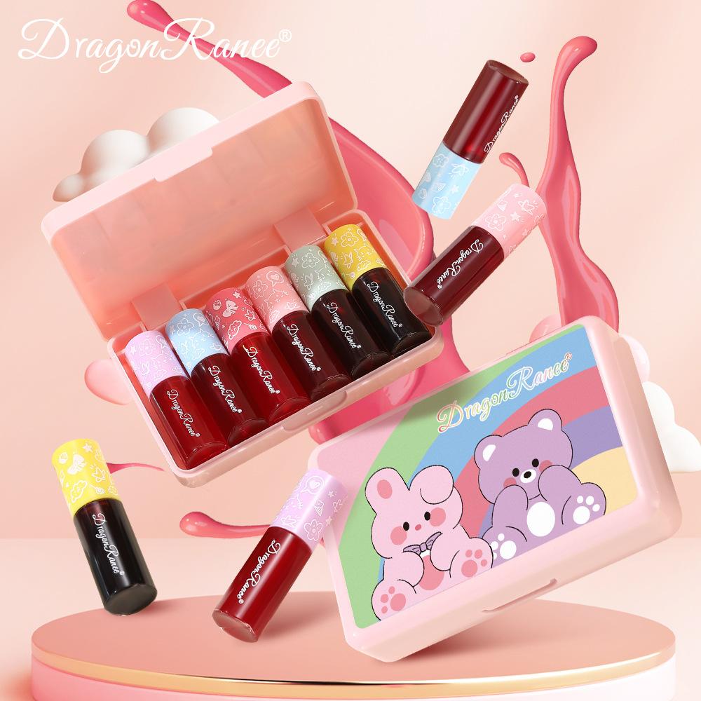 Dragon Ranee Rainbow Bear 6-delt farget lipglosssett - Fuktighetsgivende, glansfull, langvarig, leppeolje med fargeeffekt, speilglans, byggbar farge