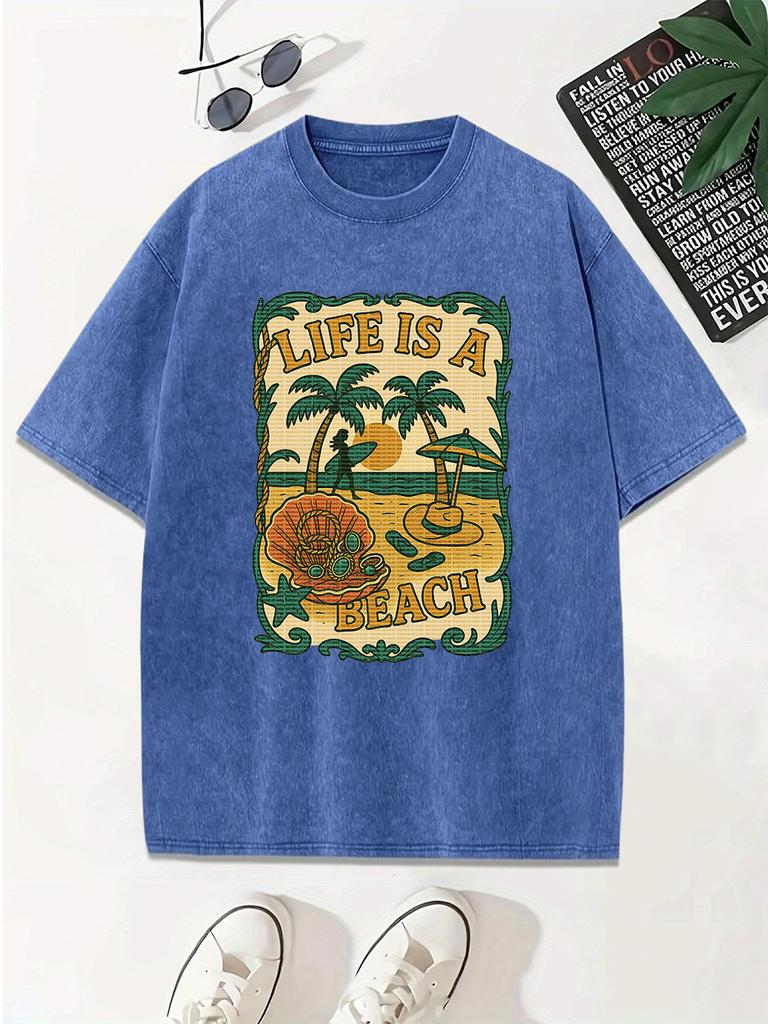 Life Is A Beach Printed Washed TShirt Women Cotton Oversized Tops Comfortable ONeck Distressed T Shirt Summer Womans Clothes
