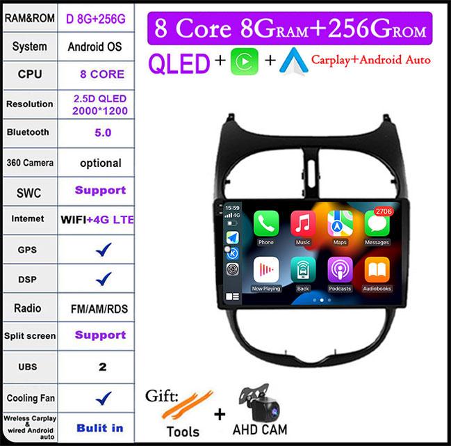 9'' For Peugeot 206 2001 - 2016 Screen/QLED Android 14 Car Radio Multimedia Video Player Navigation GPS 4GLTE 5G WIFI